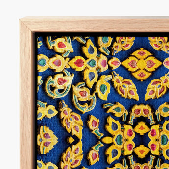 Vibrant Intricately Carved Wooden Artwork Symmetrical Floral Patterns Mesmerizing Thai Mosaic, Traditional Design, Kitschy Grandeur