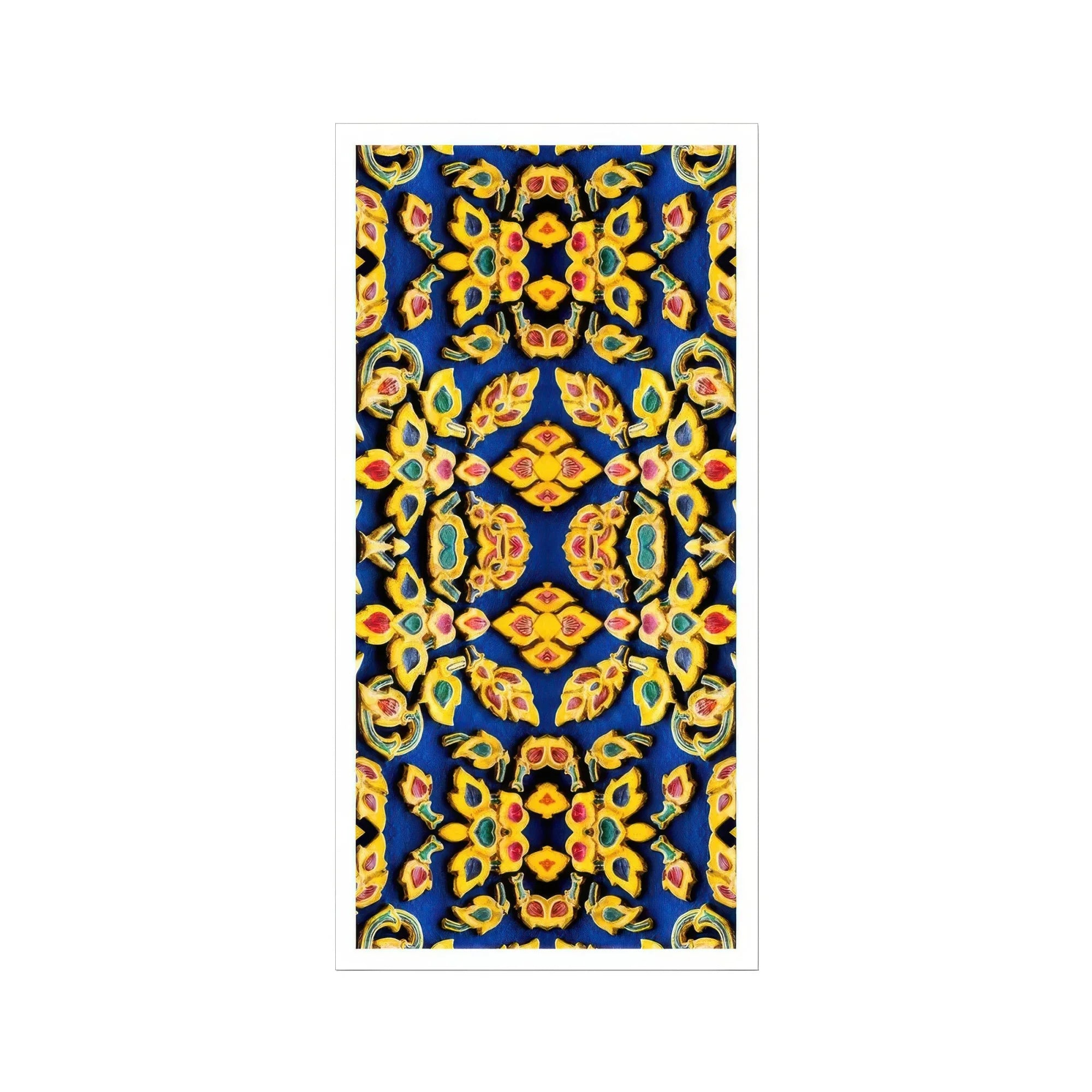 Ayodhya - Thai Mosaic Art Print, Ornate Floral Pattern Yellow Gold Designs Deep Blue