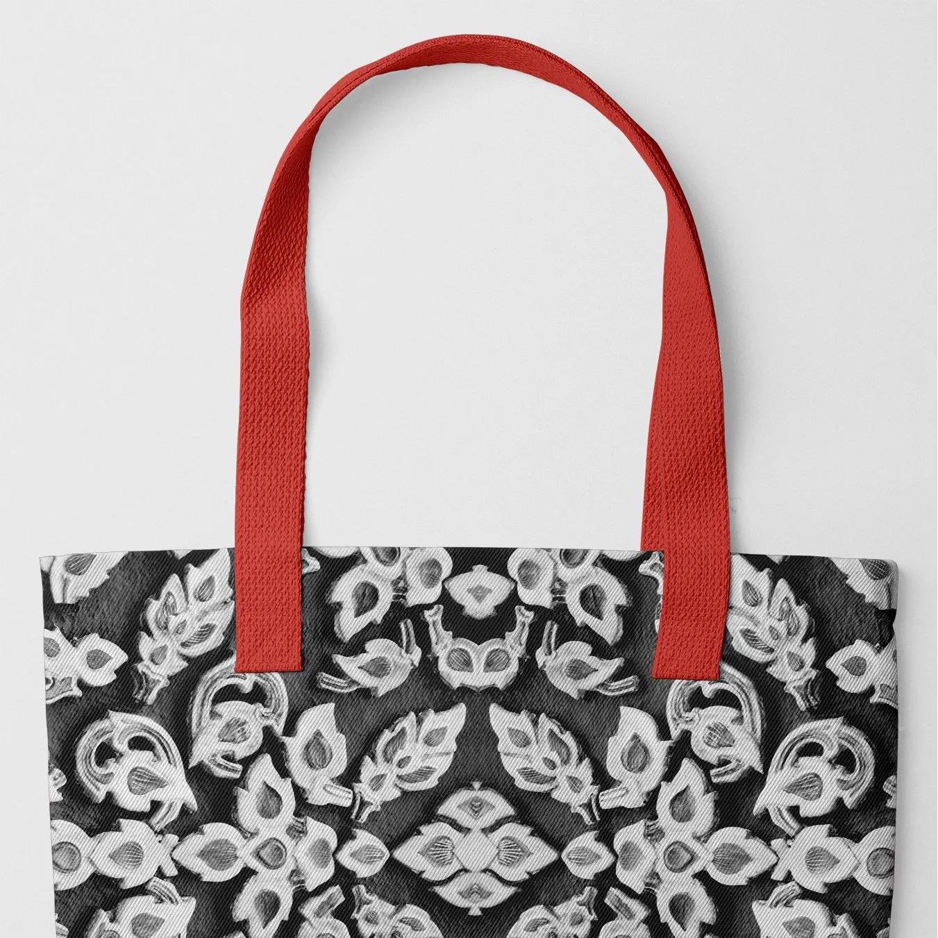 Ayodhya Tote - Black & White Traditional Thai Design Mosaic - Red Handles - Tote Bags - Aesthetic Art