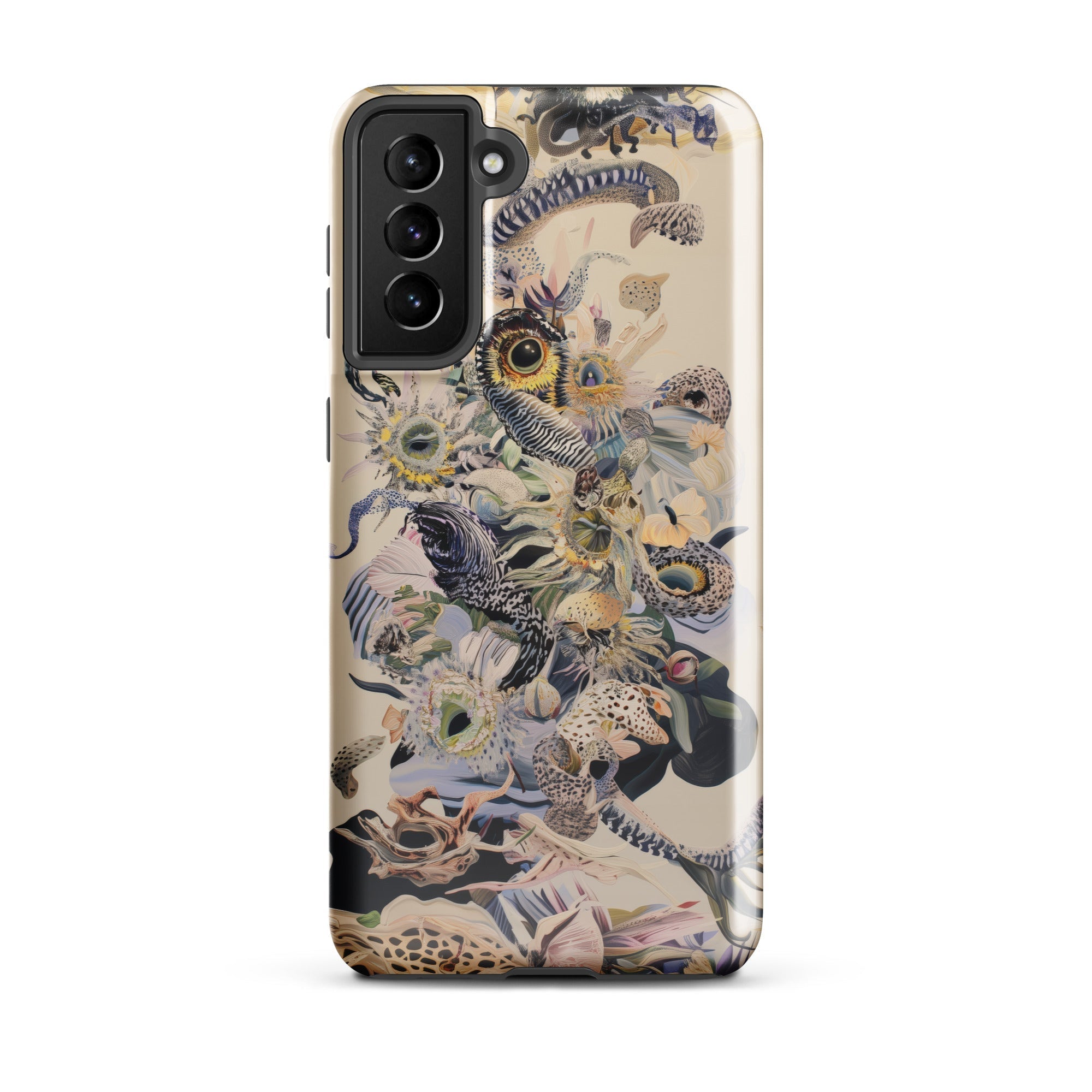 Babel Surreal Botanical Alien Art Samsung Case, Galaxy S21 Plus / Gloss, Smartphone Case Beige Background Collage Style Print Animals Plants