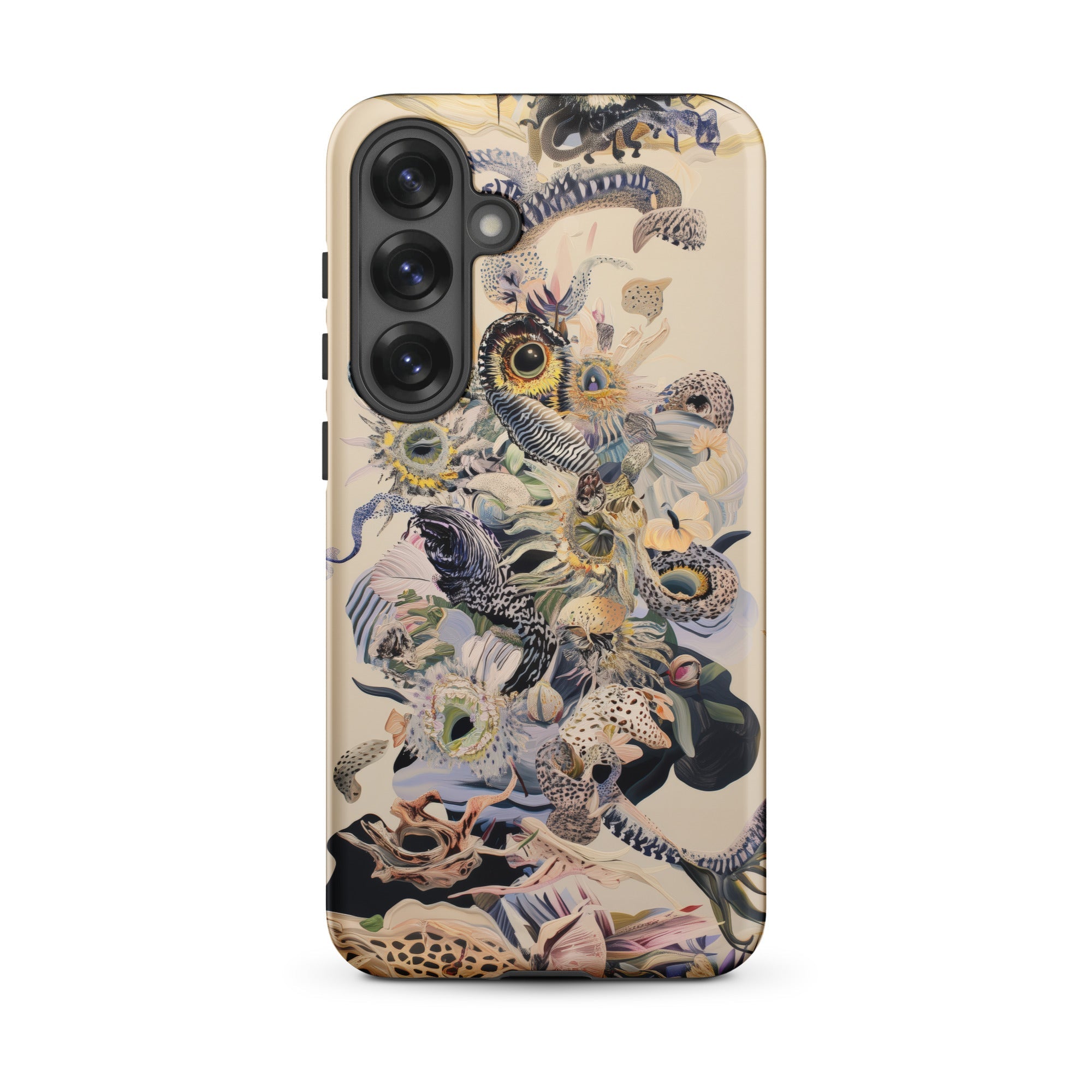 Babel Surreal Botanical Alien Art Samsung Case, Galaxy S25 Plus / Matte, Cream Colored Phone Case Intricate Multi Animal Collage Design