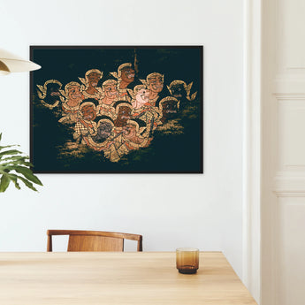 Babes in the Woods - Traditional Thai Framed Canvas, Dark Canvas Artwork Golden Cherub-like Figures Clustered