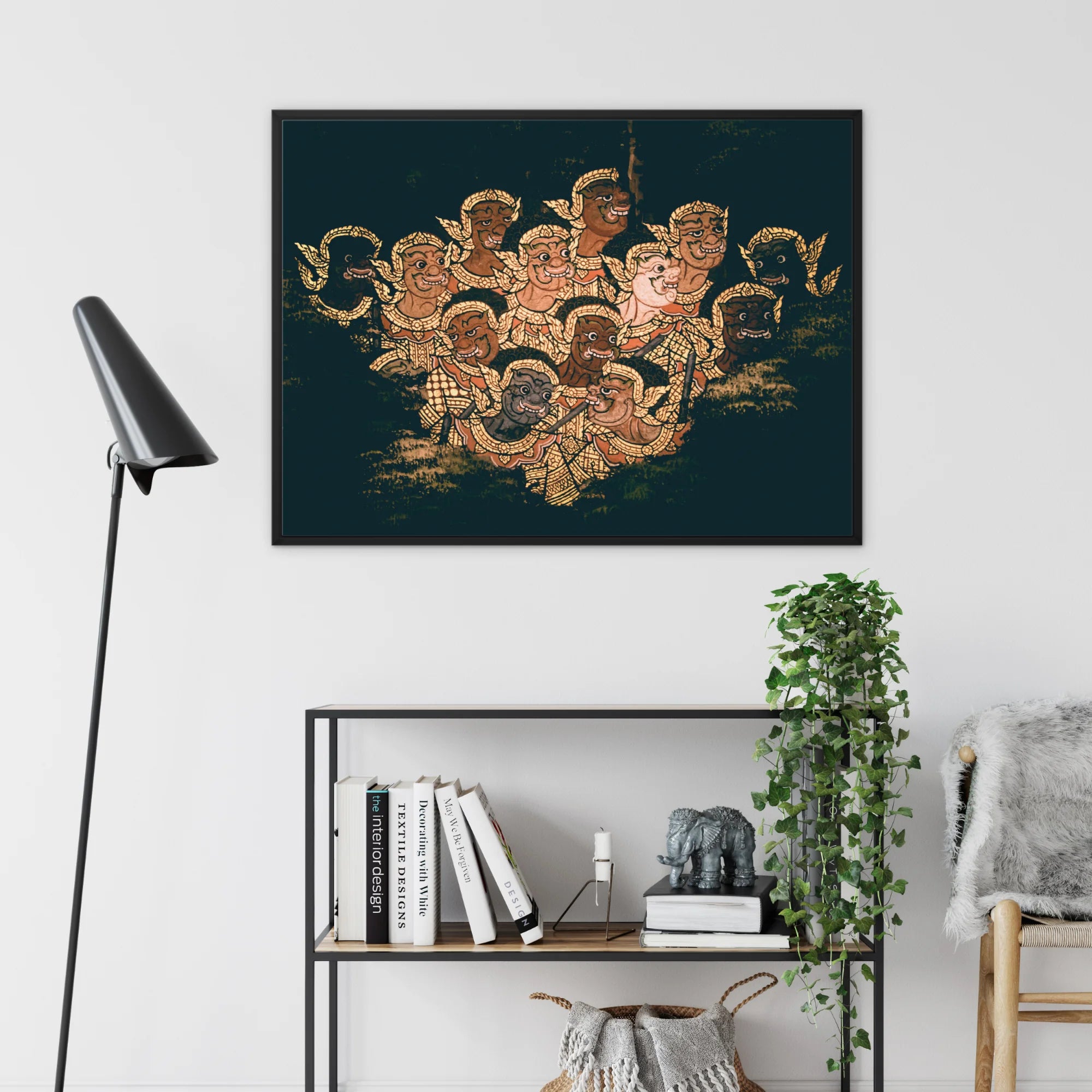Babes in the Woods - Traditional Thai Framed Canvas, Dark Canvas Golden Cartoon-style Cherubs Angels Clustered Decorative