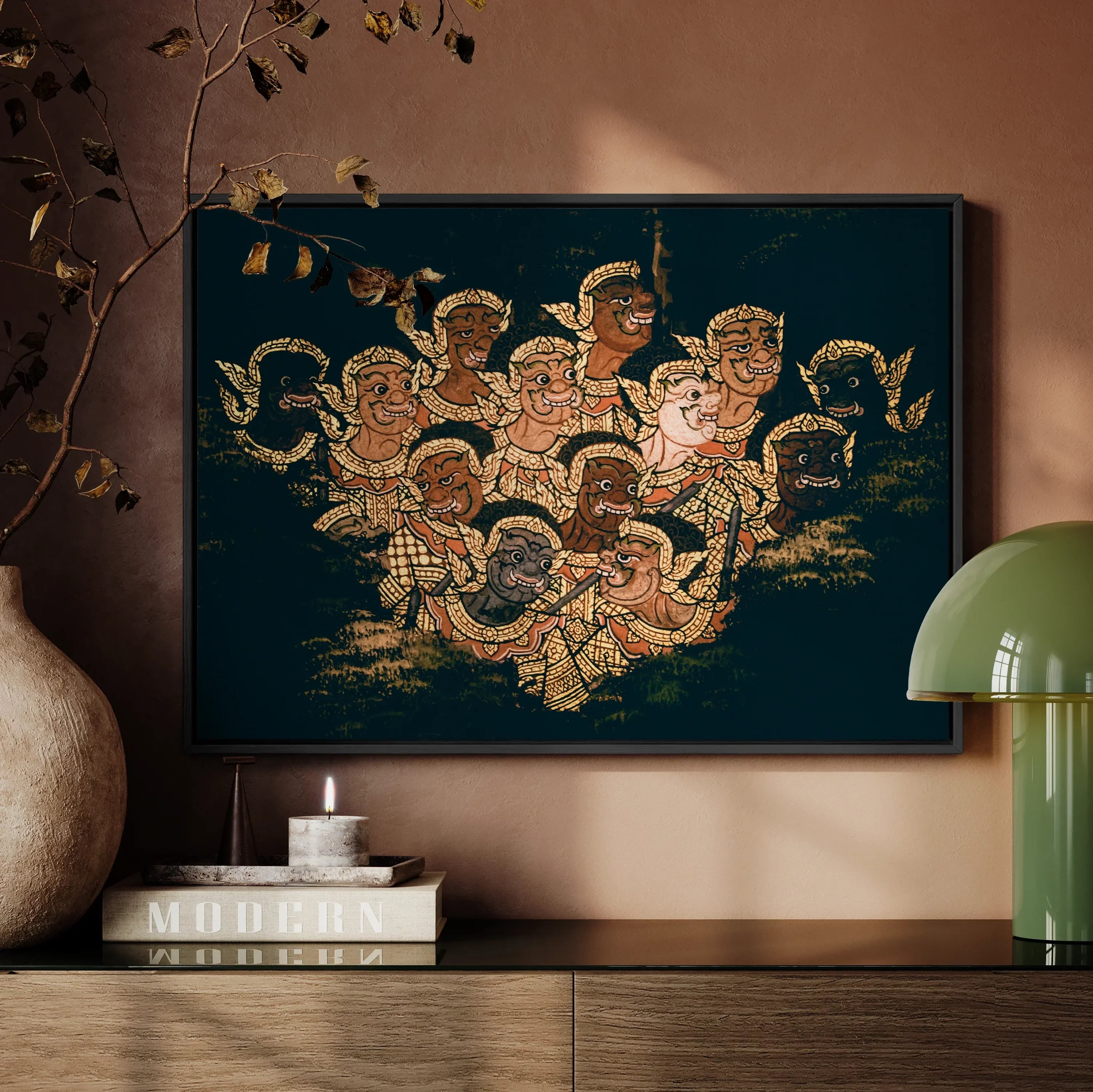 Babes in the Woods Traditional Thai Framed Canvas, Decorative Wall Art Golden Thai Style Angels Deities Dark