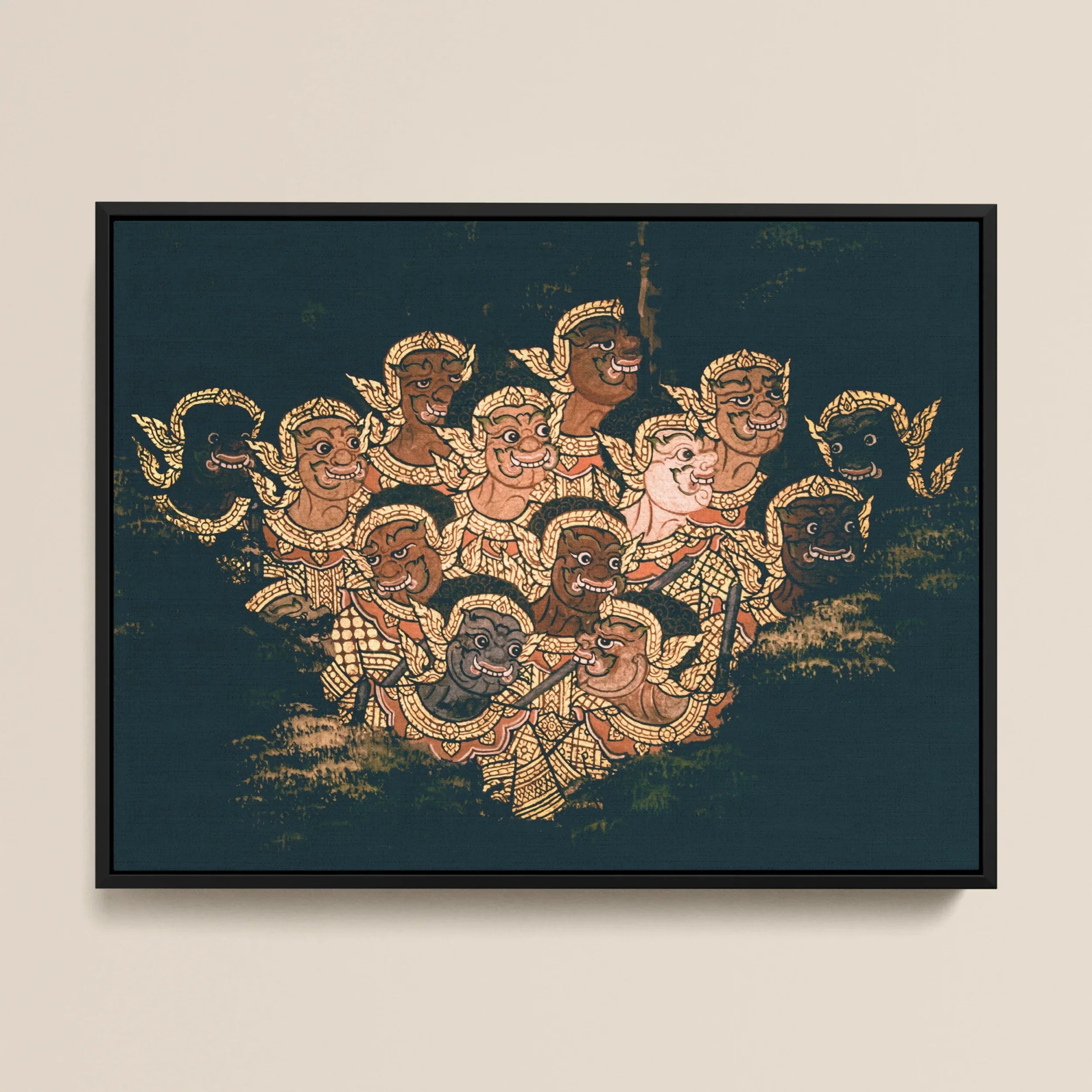 Babes in the Woods - Traditional Thai Framed Canvas, Framed Artwork Group Golden Angelic Figures Wings Dark