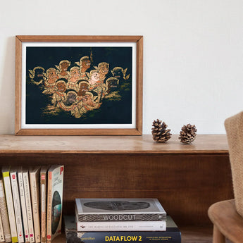 Babes in the Woods - Traditional Thai Myth Art Print / Canvas Framed Artwork Golden Cherub-like Figures Dark Background Ramayana’s