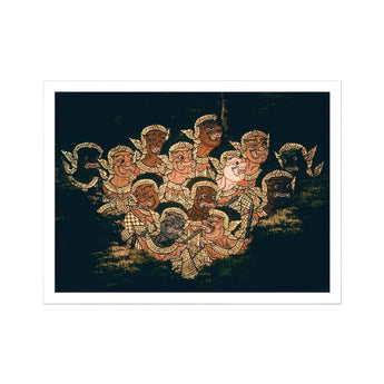 Babes in the Woods - Traditional Thai Myth Art Print / Canvas Group Cherubs Angels Painted Golden Tones Dark Fabric Ramayana’s Enchanted
