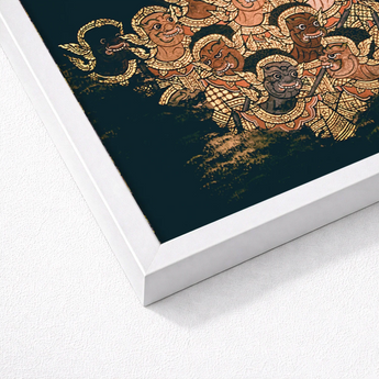 Framed Artwork Intricately Detailed Golden-hued Mythological Figures Deep Ramayana’s Enchanted Realm, Thai Artistry, Spellbinding Tableau