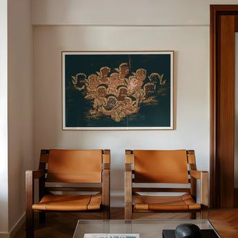 Babes in the Woods - Traditional Thai Myth Art Print / Canvas Two Tan Leather Mid-century Modern Armchairs Wooden Frames Ramayana’s