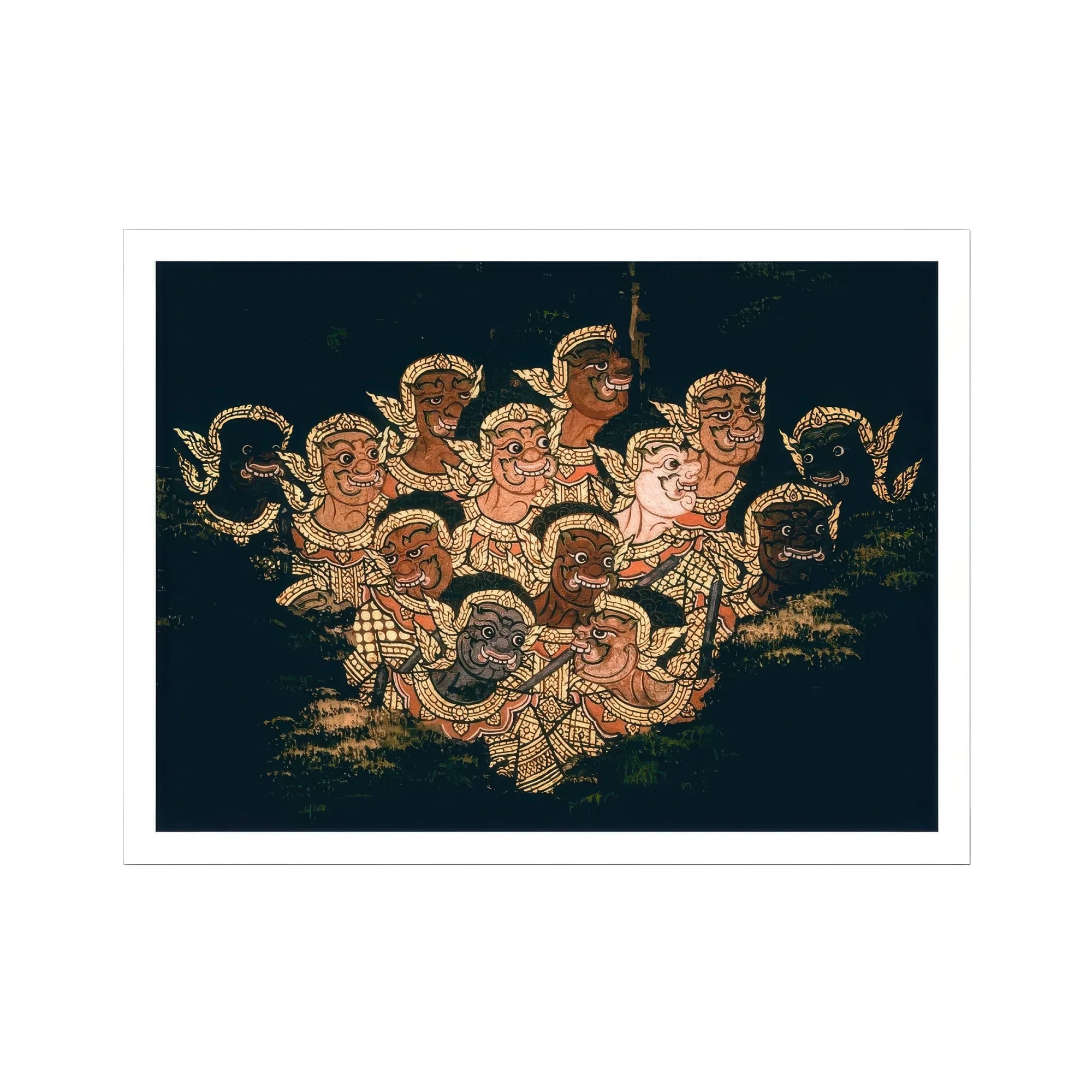 Babes in the Woods - Traditional Thai Myth Art Print, Group Cherubs Angels Painted Golden Tones Dark Fabric