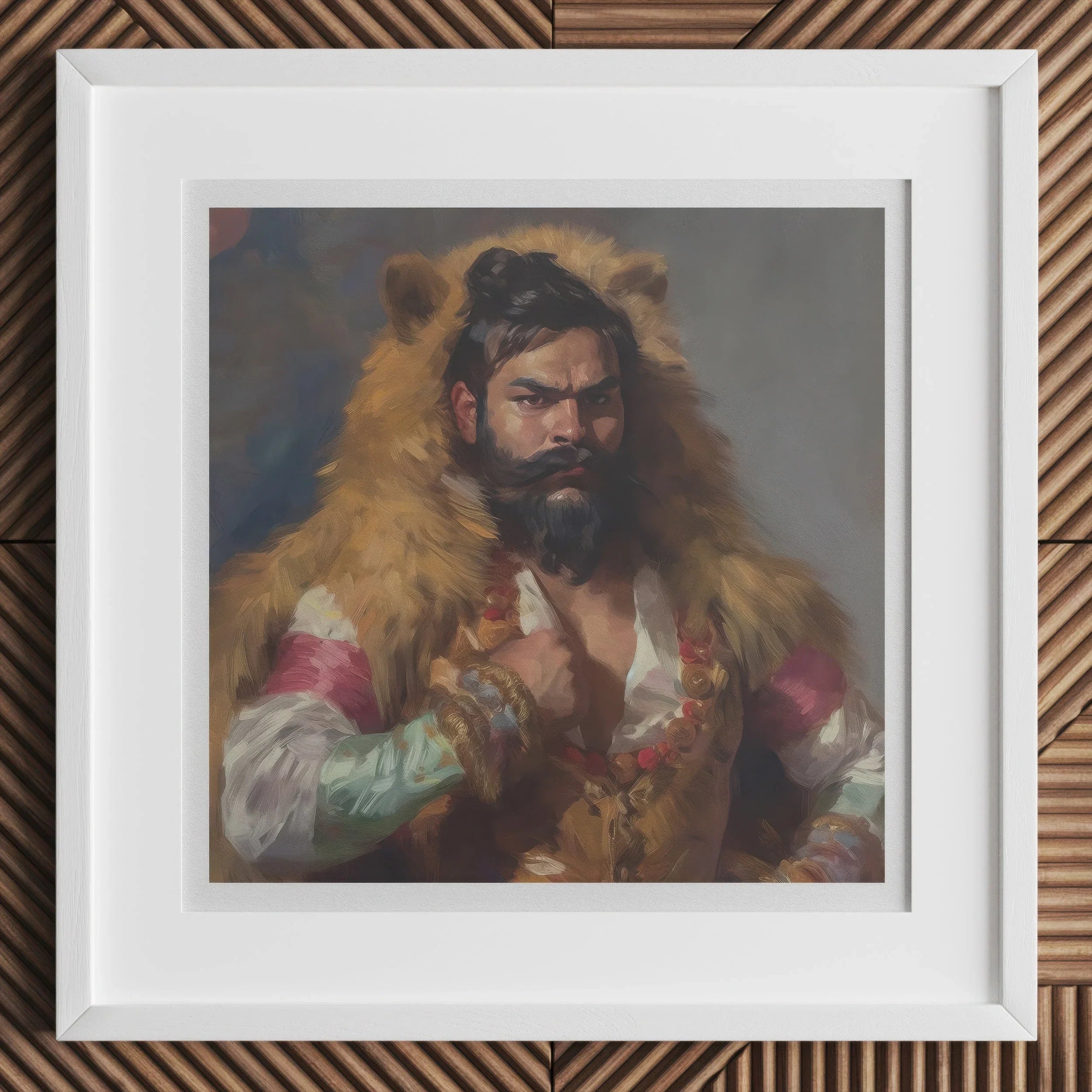 Baby Bear - Gay Desi Daddy Art Print, 12x12’’ / 31x31cm / White Frame, Framed Portrait Painting Bearded Man Animal Fur Cloak