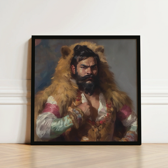 Black-framed Portrait Bearded Man Fur Ornate Attire Rajasthani Muscle Machine, Indian Desi Gay, Baby Daddy