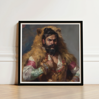 Framed Portrait Bearded Man Ornate Fur-lined Attire Intricate Rajasthani Muscle Machine, Indian Desi Gay, Baby Daddy