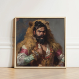 Framed Portrait Bearded Man Fur-lined Garment Light Wood Rajasthani Muscle Machine, Indian Desi Gay, Baby Daddy