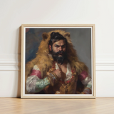 Framed Painting Bearded Man Ornate Fur-lined Attire Intricate Rajasthani Muscle Machine, Indian Desi Gay, Baby Daddy