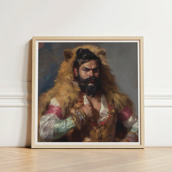 Framed Painting Bearded Man Ornate Fur-lined Attire Intricate Rajasthani Muscle Machine, Indian Desi Gay, Baby Daddy
