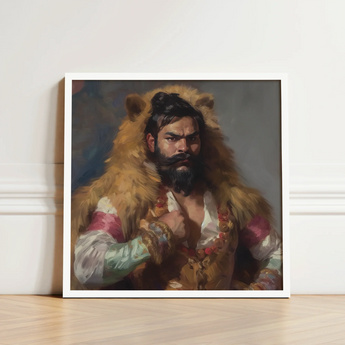 Framed Portrait Bearded Man Fur-lined Garment Rendered Painterly Rajasthani Muscle Machine, Indian Desi Gay, Baby Daddy
