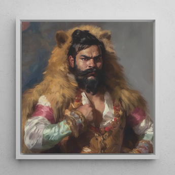 Baby Bear - Gay Desi Daddy Art Print / Canvas Framed Painting Bearded Man Golden Fur Cloak Red Rajasthani Muscle Machine, Indian Desi Gay,