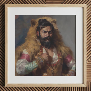 Baby Bear - Gay Desi Daddy Art Print / Canvas Framed Portrait Bearded Man Lion-themed Fur Cloak Painted Rajasthani Muscle Machine, Indian