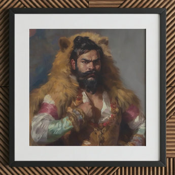 Baby Bear - Gay Desi Daddy Art Print / Canvas Framed Portrait Bearded Man Lion’s Mane Ornate Garments Rajasthani Muscle Machine, Indian