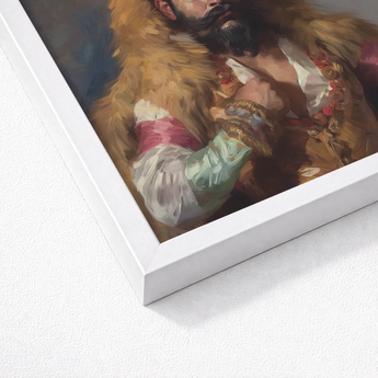 Framed Painting Bearded Man Ornate Fur-lined Attire Gold Rajasthani Muscle Machine, Indian Desi Gay, Baby Daddy