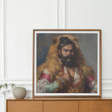 Baby Bear - Gay Desi Daddy Art Print, Framed Portrait Bearded Man Lion Headdress Colorful Clothing