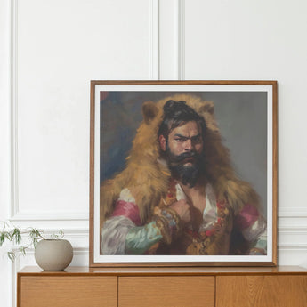 Baby Bear - Gay Desi Daddy Art Print, Framed Portrait Bearded Man Lion Headdress Colorful Clothing
