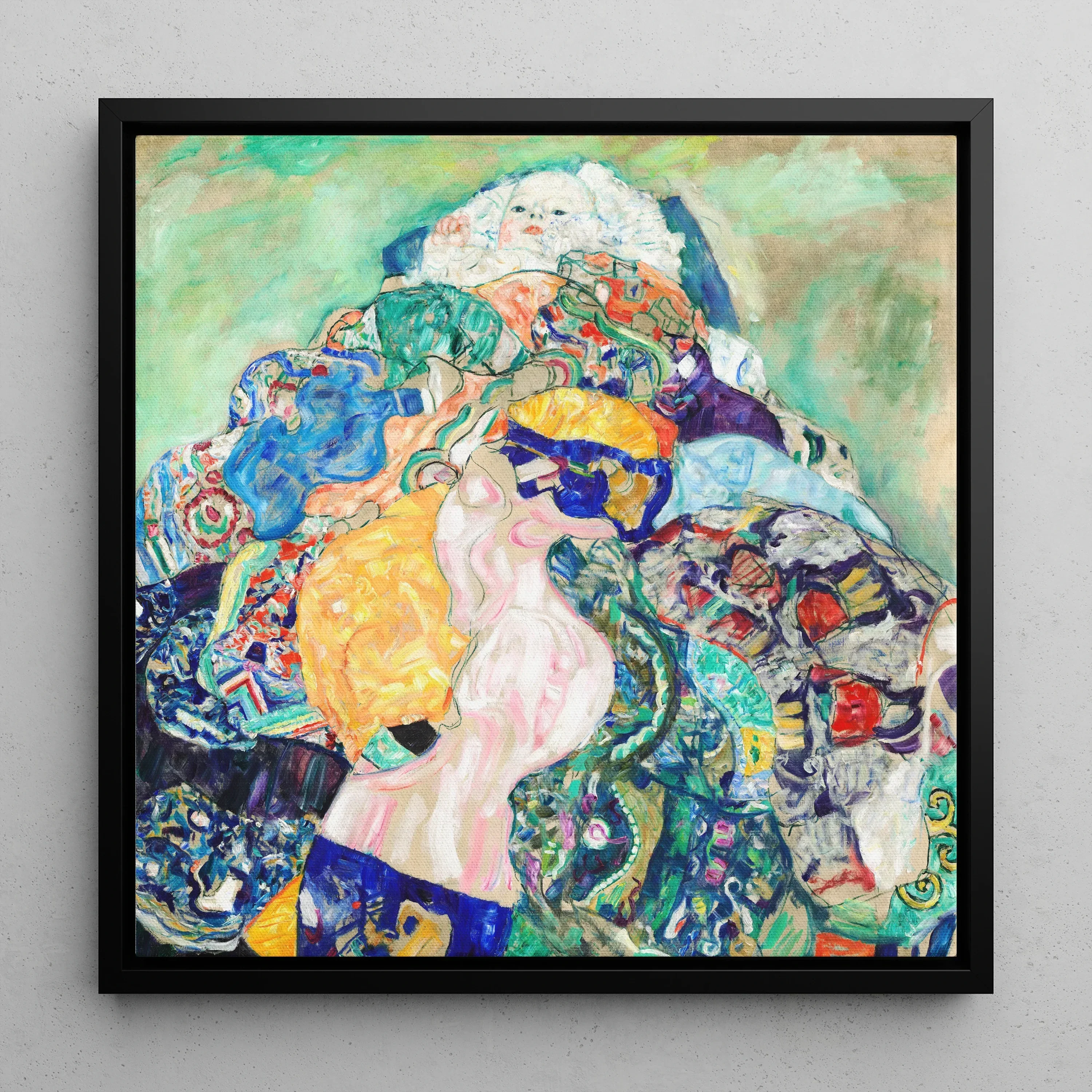 Baby - Gustav Klimt Art Nouveau Framed Canvas, 12x12’’ / 31x31cm / Black Floating Frame, Colorful Abstract Painting Figures Ornate Patterns