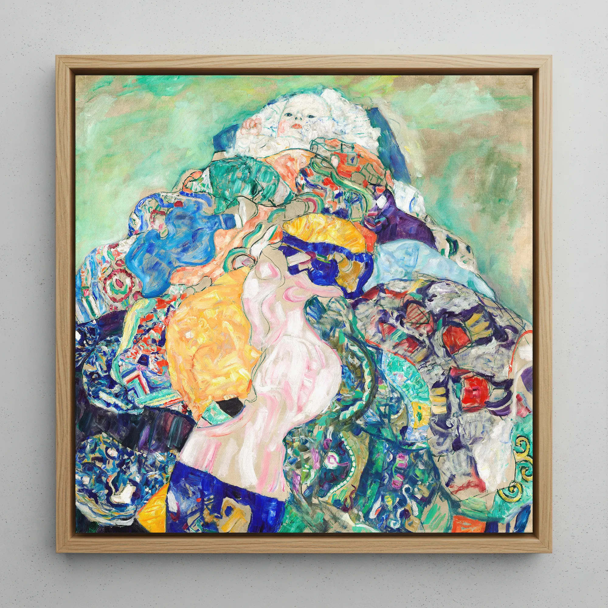 Baby - Gustav Klimt Art Nouveau Framed Canvas, 12x12’’ / 31x31cm / Natural Floating Frame, Colorful Framed Painting Light Wooden Frame