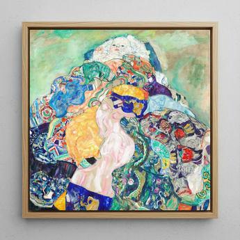 Baby - Gustav Klimt Art Nouveau Framed Canvas, 12x12’’ / 31x31cm / Natural Floating Frame, Colorful Framed Painting Light Wooden Frame