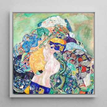Baby - Gustav Klimt Art Nouveau Framed Canvas, 12x12’’ / 31x31cm / White Floating Frame, Square Framed Painting Woman Colorful Fabrics