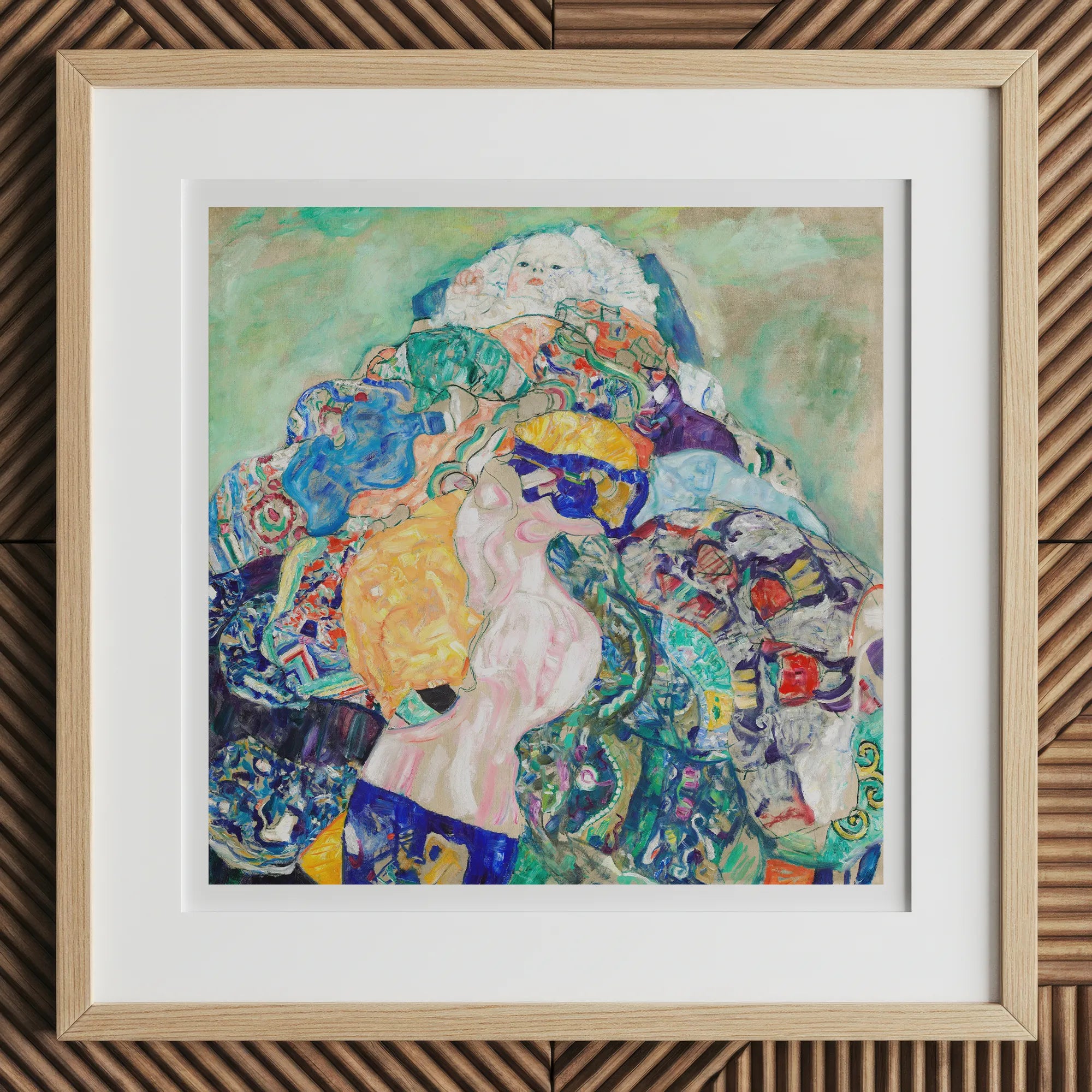 Baby - Gustav Klimt Art Nouveau Print, 12x12’’ / 31x31cm / Natural Frame, Framed Abstract Painting Light Wood Frame White Mat