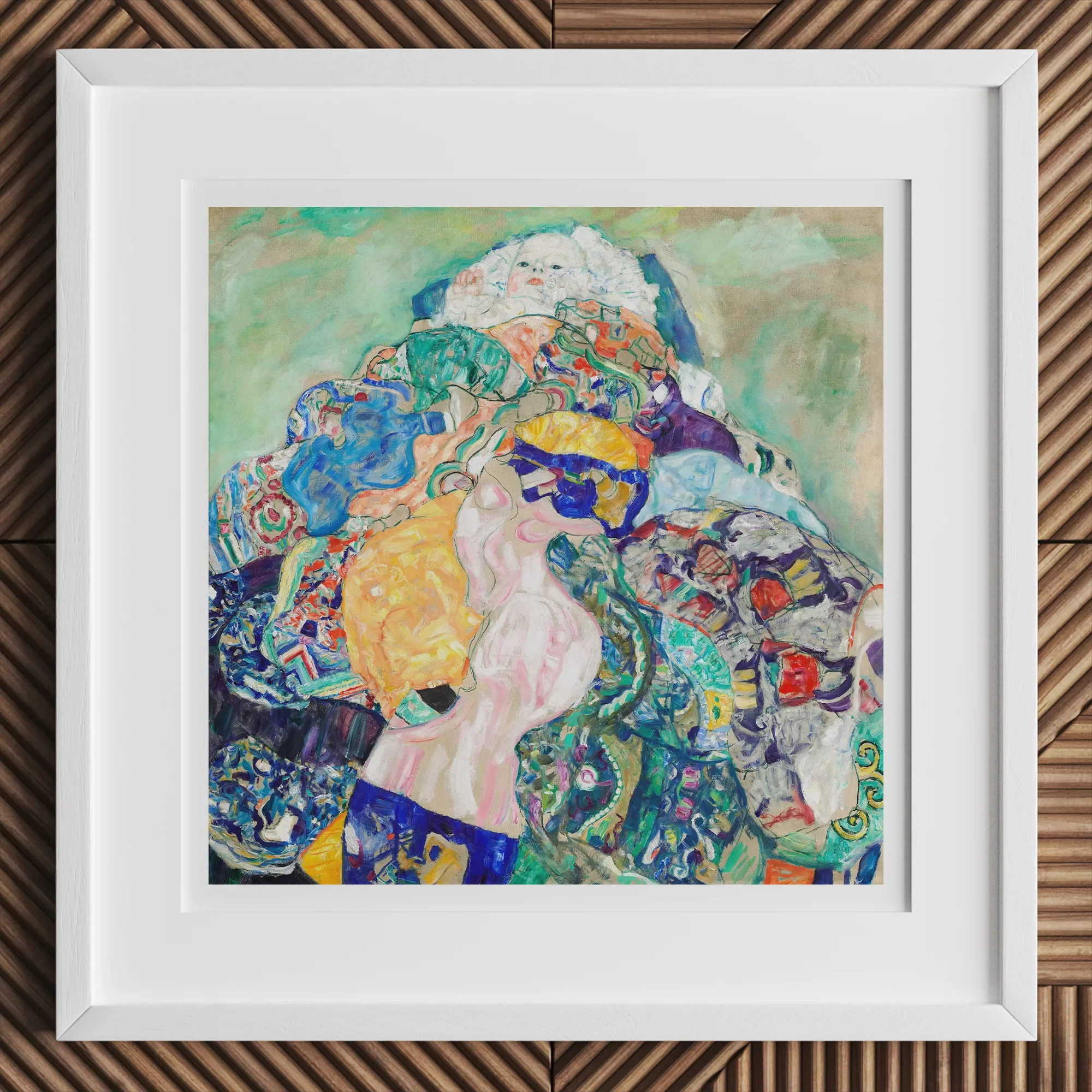 Baby - Gustav Klimt Art Nouveau Print, 12x12’’ / 31x31cm / White Frame, Framed Abstract Painting White Mat