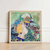 Vibrant Abstract Painting Light Wood Frame Depicts Figures Gustav Klimt’s Baby, Epitomizes, Austrian Painter Blending