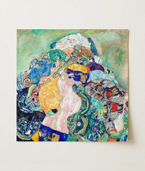 Vibrant Abstract Painting Figure Draped Colorful Patterned Fabrics Gustav Klimt’s Baby, Epitomizes, Austrian Painter Blending