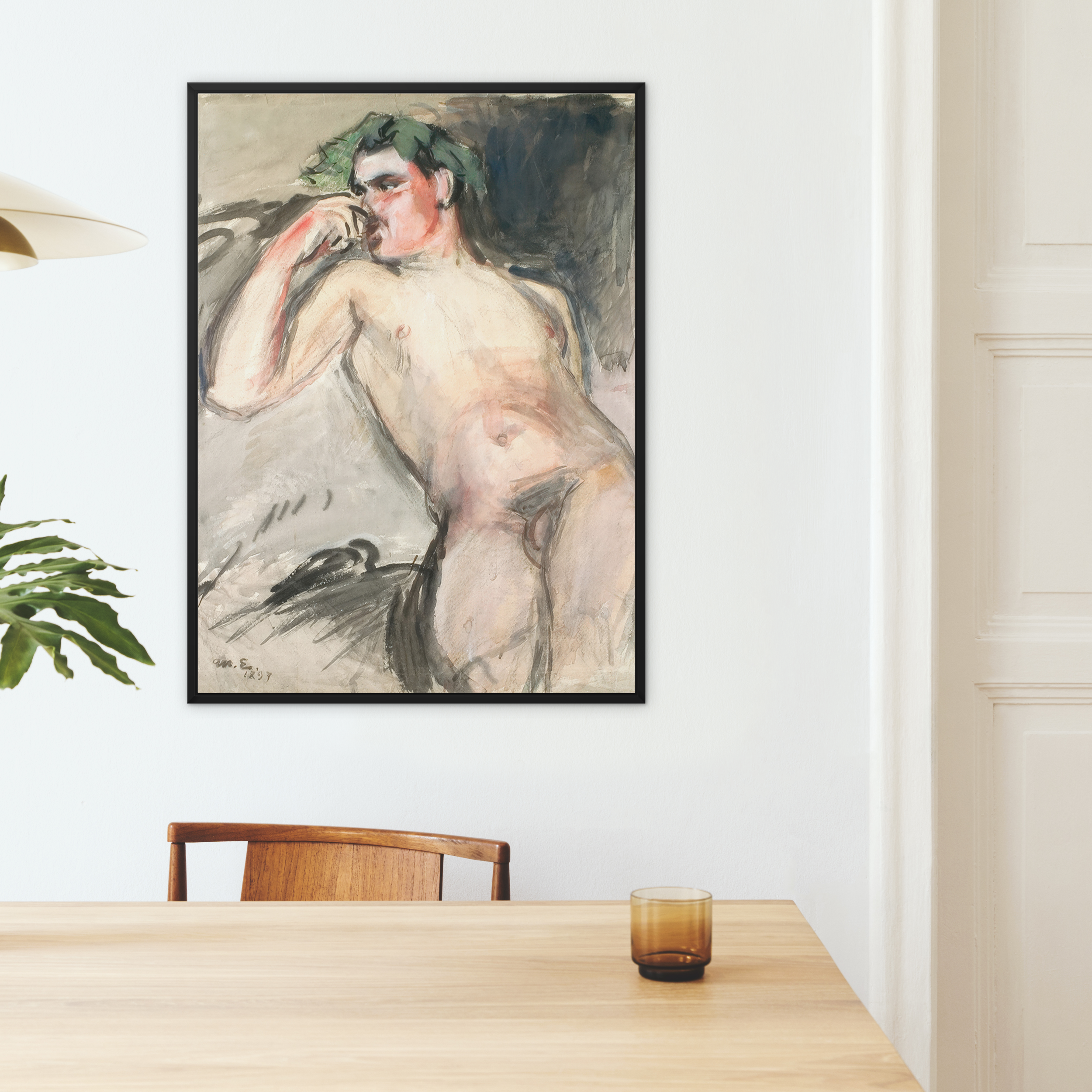 Bacchant - Magnus Enckell Framed Canvas, Framed Nude Figure Watercolor Painting Green Accents Wall