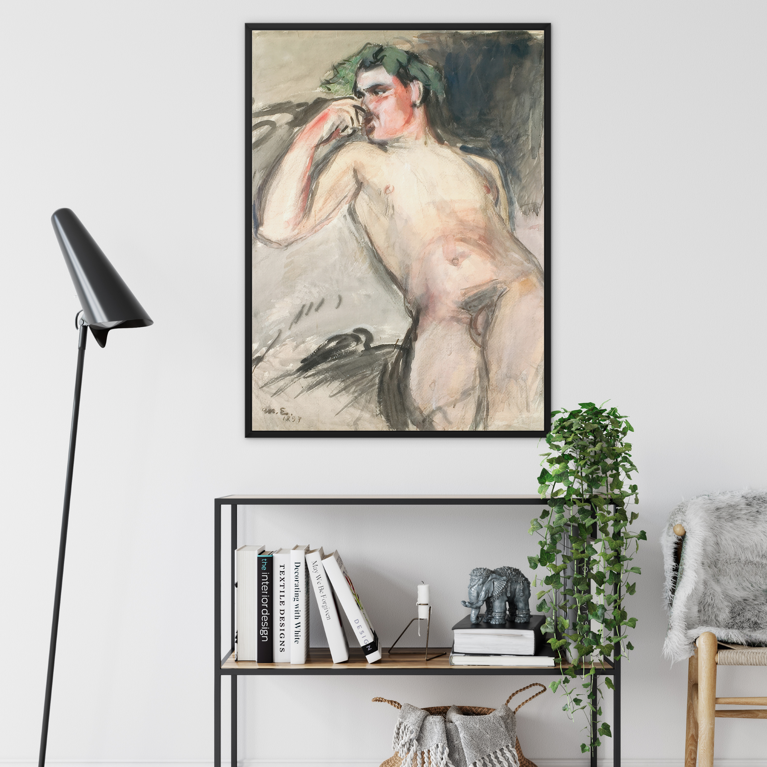 Bacchant - Magnus Enckell Framed Canvas, Watercolor Painting Nude Figure Green-tinted Hair Muted Background