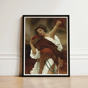 Bacchante - Frederic Leighton Art Print / Canvas Black-framed Classical Painting Woman White Leopard-print Attire Red, Sapphic Hedonistic,