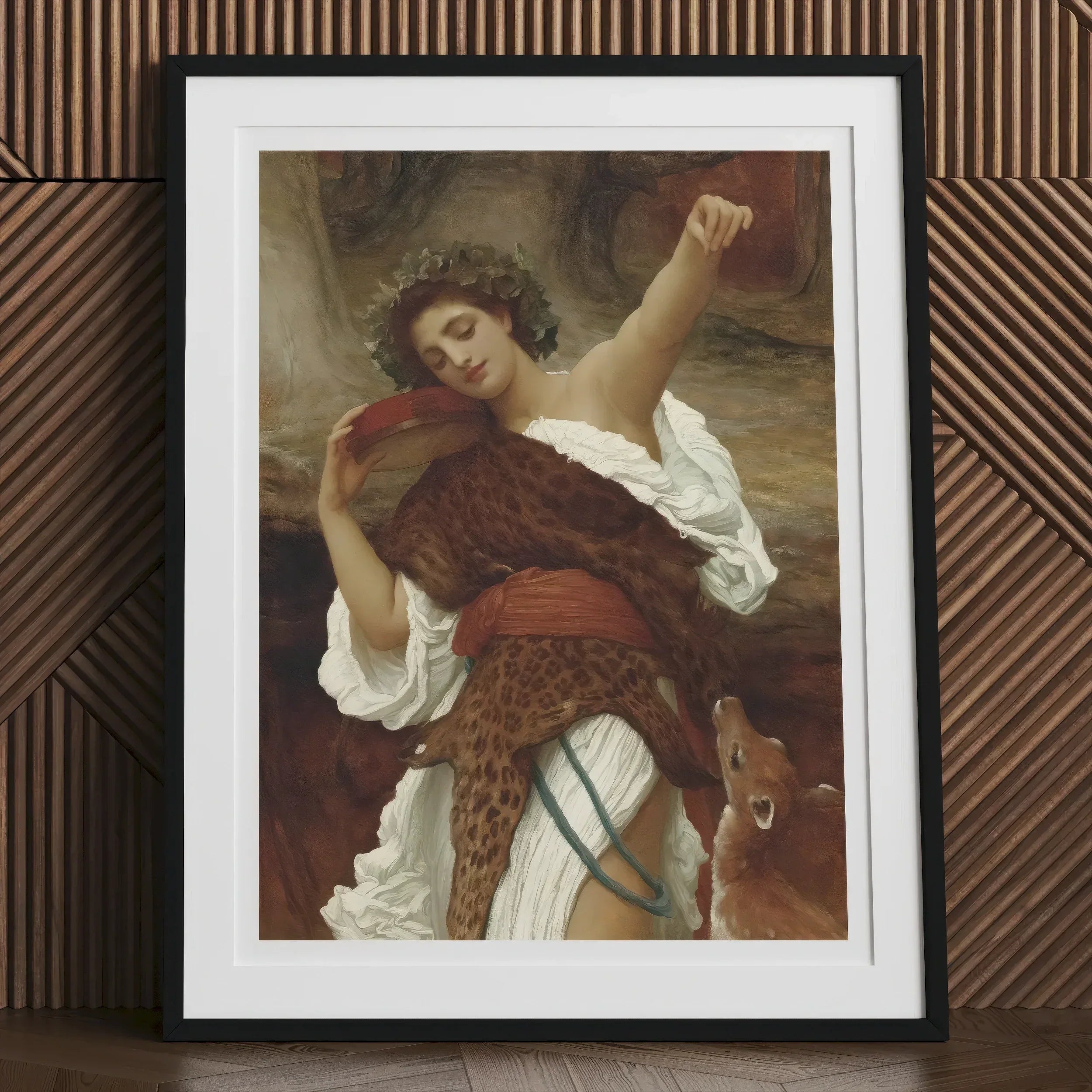 Bacchante - Frederic Leighton Art Print, Framed Painting Classical Figure White Robes Leopard Skin