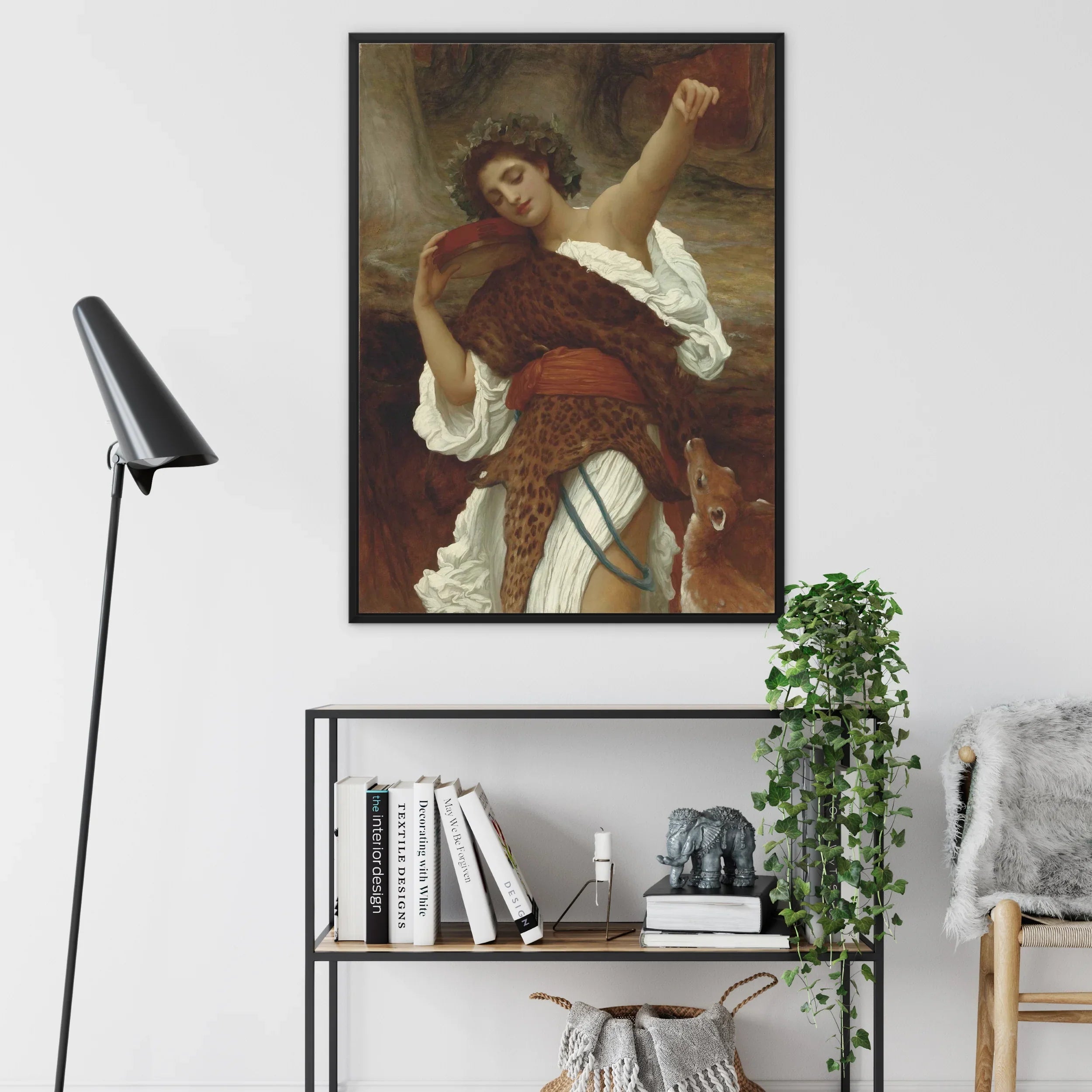 Bacchante - Frederic Leighton Bacchus Art Framed Canvas, Classical Oil Painting Figure Red White Garments Dramatic