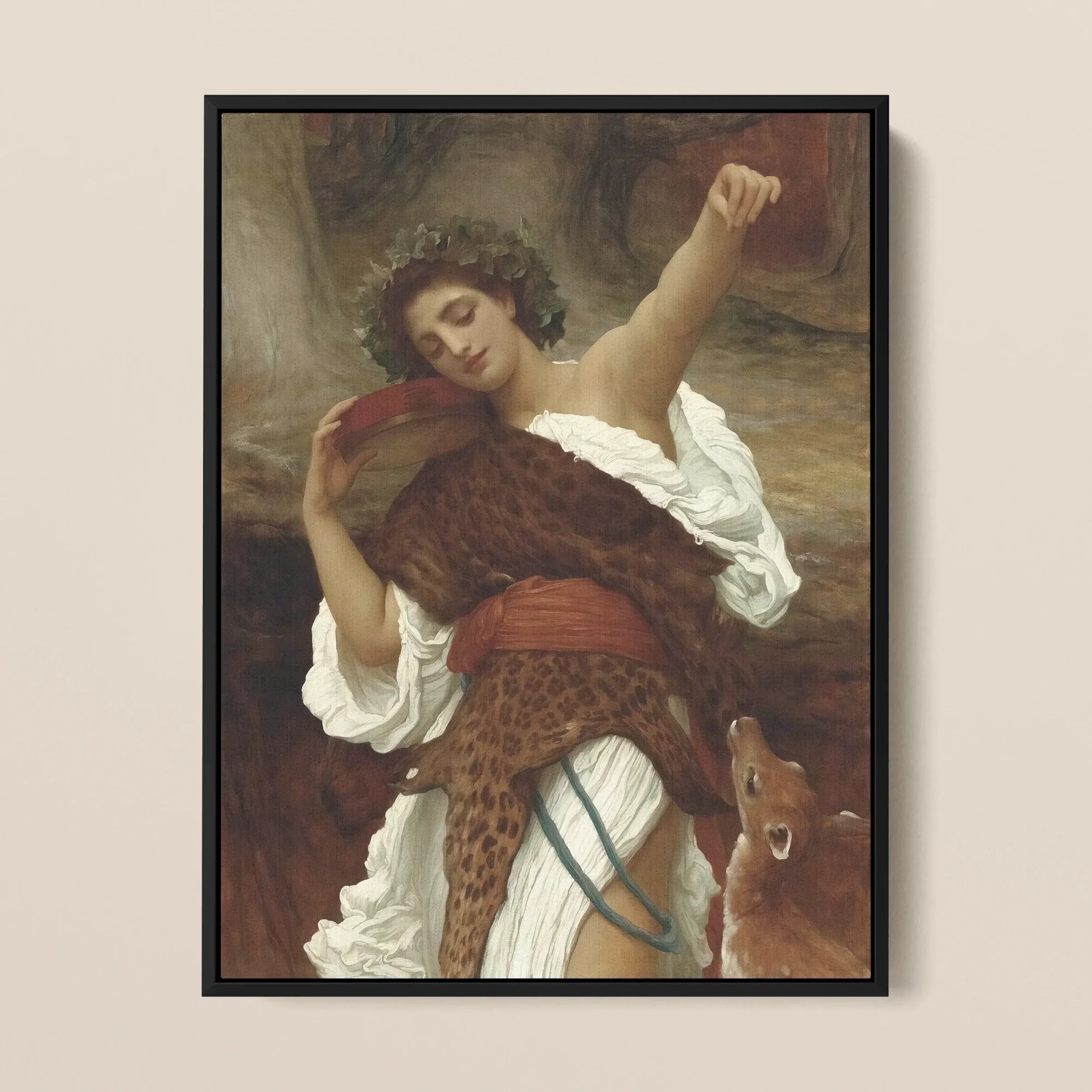 Bacchante - Frederic Leighton Bacchus Art Framed Canvas, Classical Painting Person White Clothing Large Spotted Animal