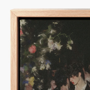 Wooden-framed Canvas Print Dark Painterly Scene Soft-focus Flowers One’s Undressing, Backstage Bandits, Queer Fashion