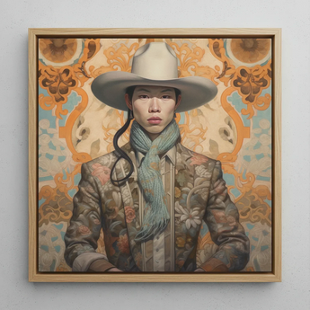 Baihu - Gay Chinese Cowboy Art Framed Canvas, 12x12’’ / 31x31cm / Natural Floating Frame, Framed Portrait East Asian Man Cowboy Hat Floral