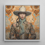 Baihu - Gay Chinese Cowboy Art Framed Canvas, 12x12’’ / 31x31cm / White Floating Frame, Framed Portrait Cowboy Floral Suit