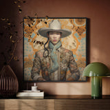 Baihu - Gay Chinese Cowboy Art Framed Canvas, Framed Portrait Painting Person Wide-brimmed Hat Scarf Patterned