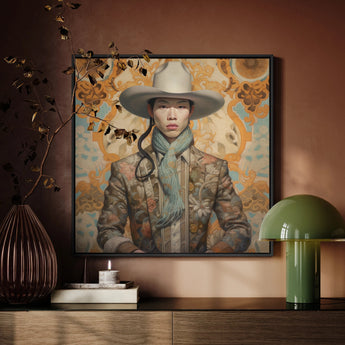 Baihu - Gay Chinese Cowboy Art Framed Canvas, Framed Portrait Painting Person Wide-brimmed Hat Scarf Patterned