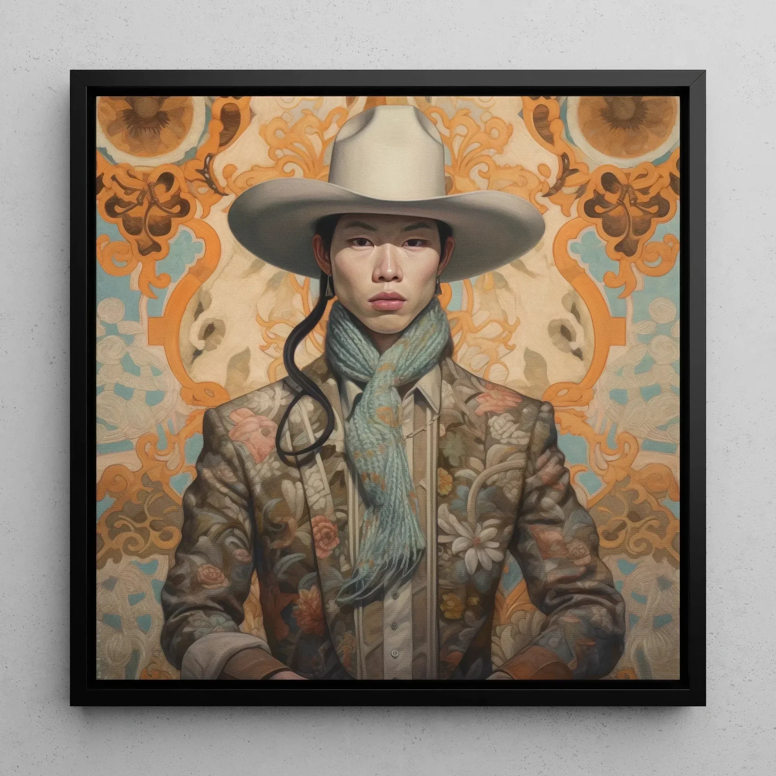 Baihu - Gay Chinese Cowboy Art Framed Canvas, Portrait Person Wide-brimmed Hat Floral Jacket Blue Scarf