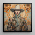 Baihu Gay Chinese Cowboy Art Framed Canvas, Portrait Person Wide Brimmed Hat Floral Jacket Blue Scarf