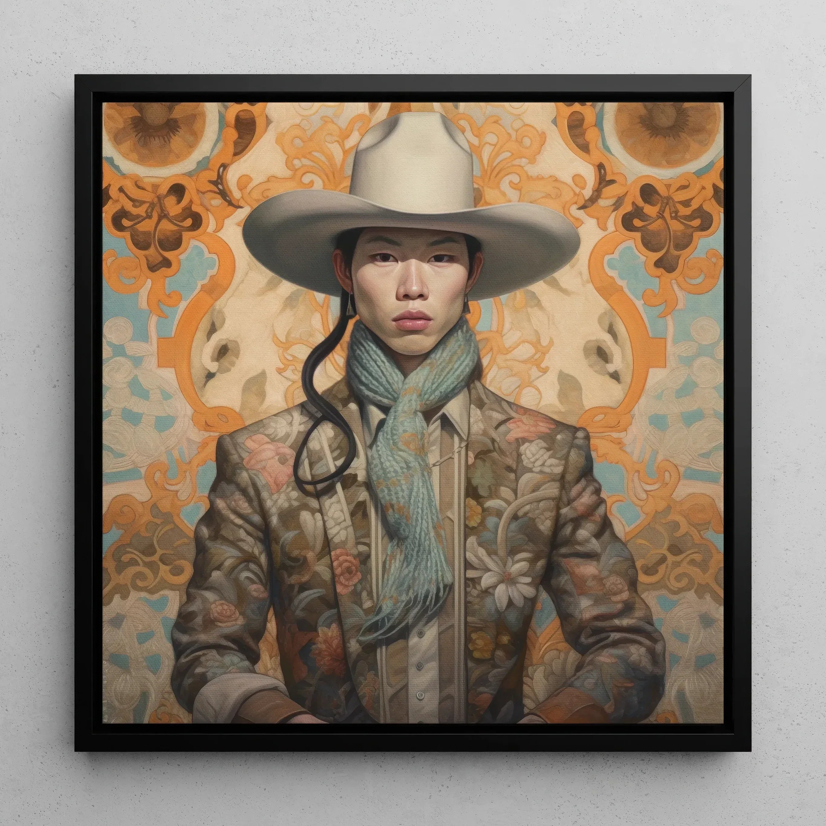 Baihu Gay Chinese Cowboy Art Framed Canvas, Portrait Person Wide Brimmed Hat Floral Jacket Blue Scarf