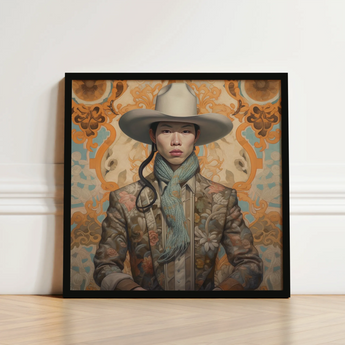 Framed Portrait Person Wide-brimmed Beige Cowboy Hat Patterned Gay Chinese, Art, Vintage